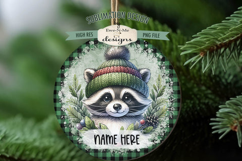 Cute Raccoons Christmas Ornament Design PNG Files | Add Your Own Name Sublimation Ewe-N-Me Designs 
