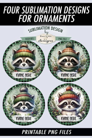 Cute Raccoons Christmas Ornament Design PNG Files | Add Your Own Name Sublimation Ewe-N-Me Designs 