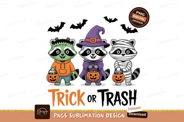 Cute raccoons dressed for Halloween trick treat Sublimation Designangry 
