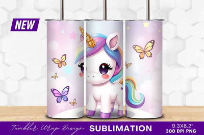 Cute Rainbow Unicorn With Butterflies Tumbler Png Sublimation Regulrcrative 