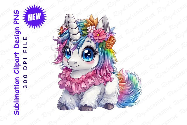 Cute Rainbow Unicorn With Flowers Clipart Png Sublimation Regulrcrative 