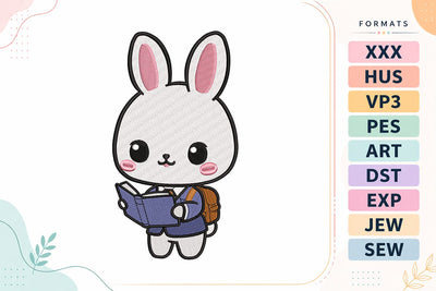 Cute Reading Bunny Embroidery Design - Kawaii Rabbit School Embroidery/Applique DESIGNS sg embroidery 