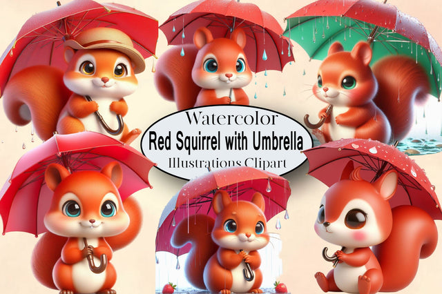 Cute Red Squirrel with Umbrella Clipart Bundle Sublimation SVGArt 