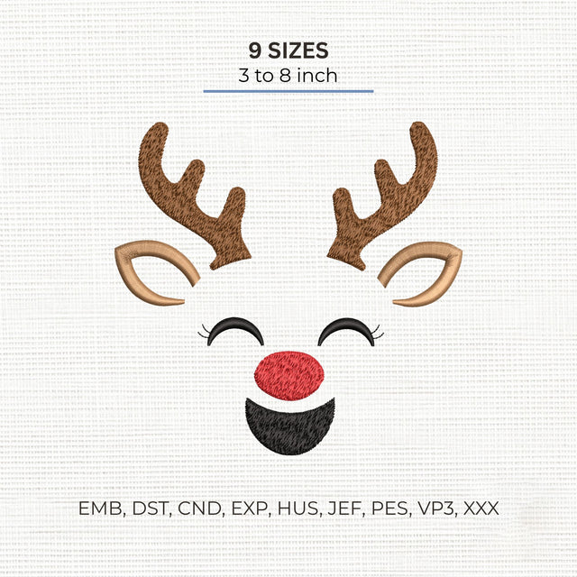 Cute Reindeer Face Embroidery Design – Christmas Rudolph Antlers Machine Embroidery File, 9 Sizes Embroidery/Applique DESIGNS PatternFeed8 