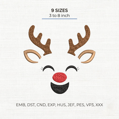 Cute Reindeer Face Embroidery Design – Christmas Rudolph Antlers Machine Embroidery File, 9 Sizes Embroidery/Applique DESIGNS PatternFeed8 