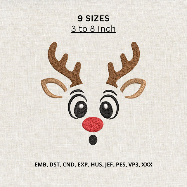 Cute Reindeer Face Machine Embroidery Design – Red Nose Christmas Deer Embroidery File Embroidery/Applique DESIGNS PatternFeed8 