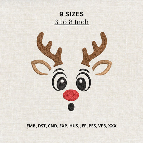 Cute Reindeer Face Machine Embroidery Design – Red Nose Christmas Deer Embroidery File Embroidery/Applique DESIGNS PatternFeed8 
