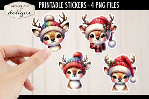 Cute Reindeer in Hats Printable Stickers | 4 PNG Stickers Sublimation Ewe-N-Me Designs 