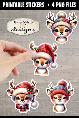 Cute Reindeer in Hats Printable Stickers | 4 PNG Stickers Sublimation Ewe-N-Me Designs 