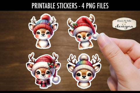 Cute Reindeer in Hats Printable Stickers | 4 PNG Stickers Sublimation Ewe-N-Me Designs 