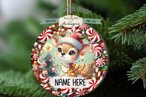 Cute Reindeer Lights Ornament Design PNG Files | Add Your Own Name Sublimation Ewe-N-Me Designs 