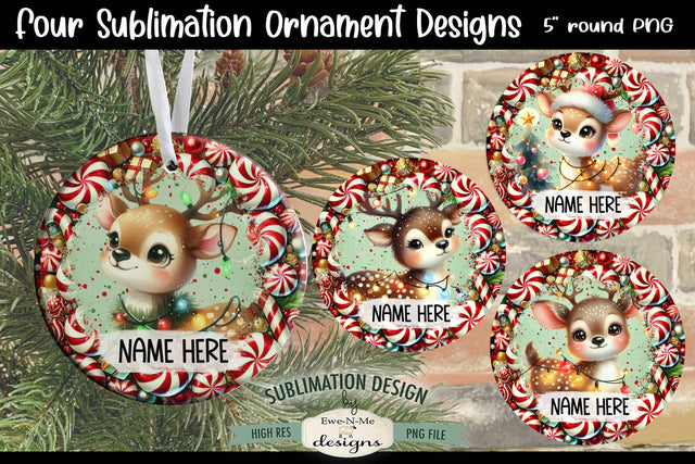 Cute Reindeer Lights Ornament Design PNG Files | Add Your Own Name Sublimation Ewe-N-Me Designs 