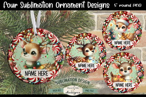 Cute Reindeer Lights Ornament Design PNG Files | Add Your Own Name Sublimation Ewe-N-Me Designs 
