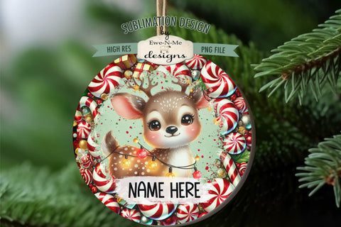 Cute Reindeer Lights Ornament Design PNG Files | Add Your Own Name Sublimation Ewe-N-Me Designs 