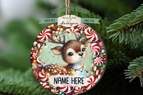 Cute Reindeer Lights Ornament Design PNG Files | Add Your Own Name Sublimation Ewe-N-Me Designs 