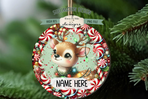 Cute Reindeer Lights Ornament Design PNG Files | Add Your Own Name Sublimation Ewe-N-Me Designs 