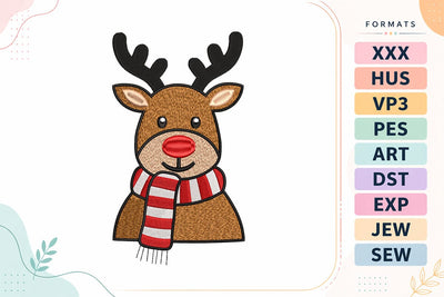 Cute Reindeer with Red Nose and Scarf Christmas Embroidery Design Embroidery/Applique DESIGNS sg embroidery 