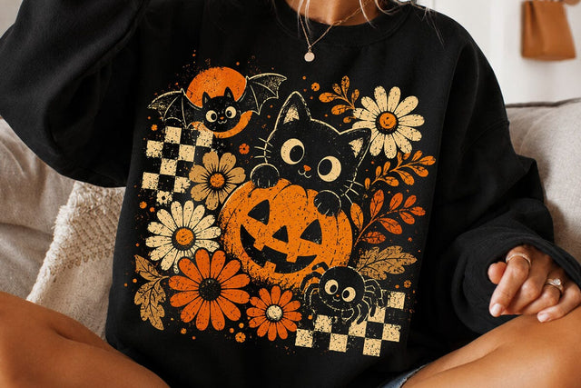 Cute Retro Halloween Black Cat Pumpkin PNG SVG DesignDestine 
