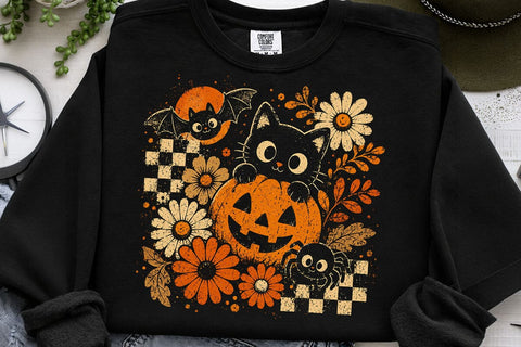 Cute Retro Halloween Black Cat Pumpkin PNG SVG DesignDestine 