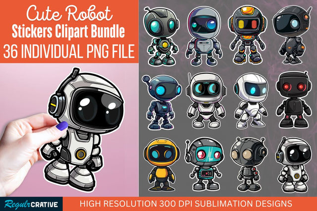 Cute robot sticker Clipart Bundle Sublimation Regulrcrative 