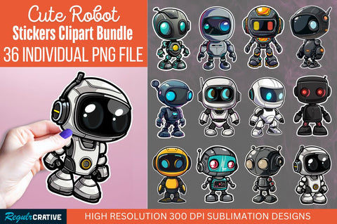 Cute robot sticker Clipart Bundle Sublimation Regulrcrative 