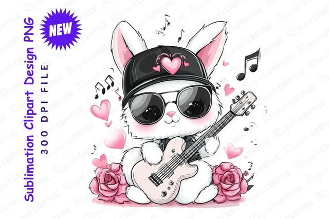 Cute Rocker Rabbit Playing Guitar Clipart Png Sublimation Regulrcrative 