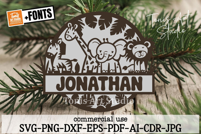 Cute Safari animals name sign, SVG, animal themed sign, Laser cut template, instant download Vector file Ai, Cdr, Dxf SVG TonisArtStudio 