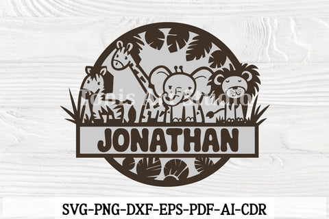Cute Safari animals name sign, SVG, animal themed sign, Laser cut template, instant download Vector file Ai, Cdr, Dxf SVG TonisArtStudio 