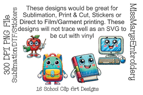 Cute School Clipart Bundle PNG | Kawaii Teacher Designs | Classroom Sublimation Designs | Designs for Stickers or DTF Printing | School PNG Sublimation MissMarysEmbroidery 