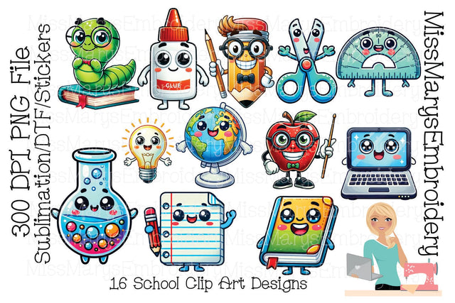 Cute School Clipart Bundle PNG | Kawaii Teacher Designs | Classroom Sublimation Designs | Designs for Stickers or DTF Printing | School PNG Sublimation MissMarysEmbroidery 