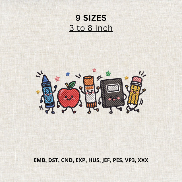 Cute School Supplies Characters Machine Embroidery Design – Back to School Embroidery File Embroidery/Applique DESIGNS PatternFeed8 