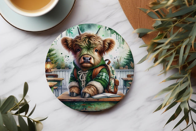 Cute School Whimsical Highland Cow Coaster PNG Sublimation BijouBay 