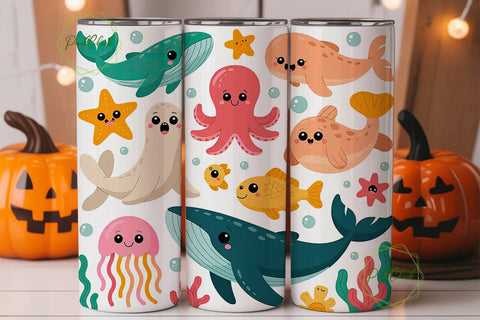 Cute Sea Creatures 20oz Tumbler Wrap Sublimation PixelChick 
