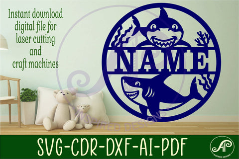 Cute shark name sign svg laser cut template SVG APInspireddesigns 