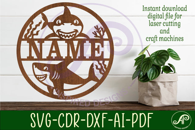 Cute shark name sign svg laser cut template SVG APInspireddesigns 