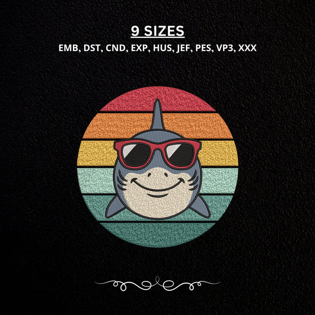 Cute Shark Sunglasses Embroidery Design – Retro Sunset Smiling Shark Summer Machine Embroidery File Embroidery/Applique DESIGNS PatternFeed8 