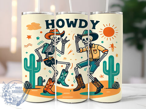 Cute Skeleton Tumbler, Retro Western Design, Howdy Cowboys, Desert Theme, Sublimation PNG, 20oz Wrap, Halloween Drinkware Sublimation ToriDesigns 