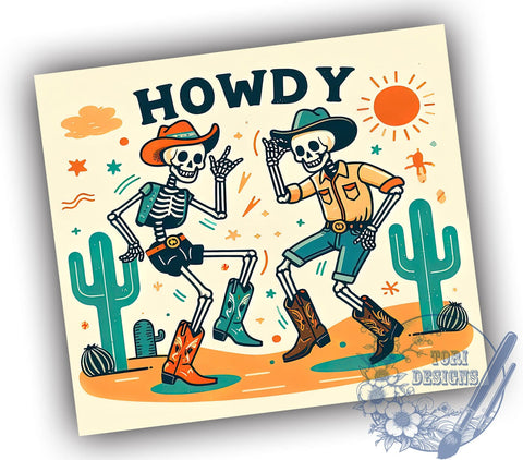 Cute Skeleton Tumbler, Retro Western Design, Howdy Cowboys, Desert Theme, Sublimation PNG, 20oz Wrap, Halloween Drinkware Sublimation ToriDesigns 