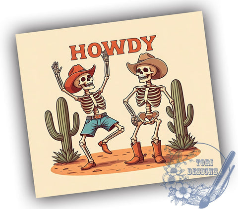 Cute Skeleton Tumbler, Retro Western Design, Howdy Cowboys, Desert Theme, Sublimation PNG, 20oz Wrap, Halloween Drinkware Sublimation ToriDesigns 