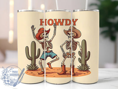Cute Skeleton Tumbler, Retro Western Design, Howdy Cowboys, Desert Theme, Sublimation PNG, 20oz Wrap, Halloween Drinkware Sublimation ToriDesigns 