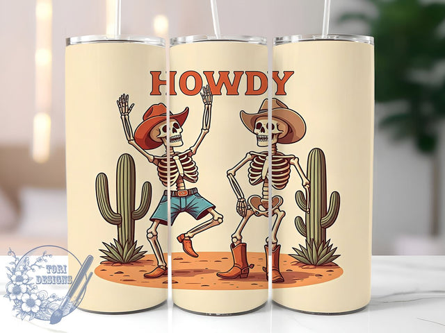 Cute Skeleton Tumbler, Retro Western Design, Howdy Cowboys, Desert Theme, Sublimation PNG, 20oz Wrap, Halloween Drinkware Sublimation ToriDesigns 