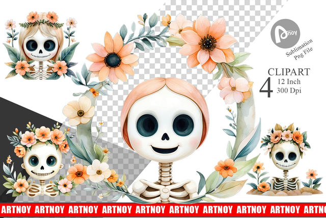 Cute Skeleton Watercolor Floral Clipart Sublimation artnoy 
