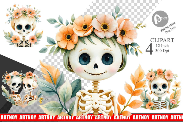 Cute Skeleton Watercolor Floral Clipart Sublimation artnoy 