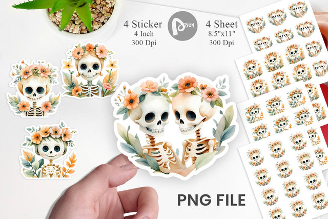 Cute Skeleton Watercolor Floral Sticker Sublimation artnoy 