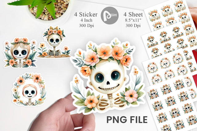 Cute Skeleton Watercolor Floral Sticker Sublimation artnoy 
