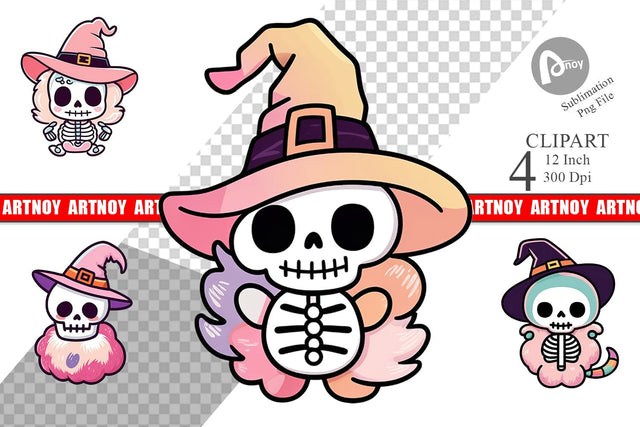 Cute Skeleton Witch Clipart Sublimation artnoy 