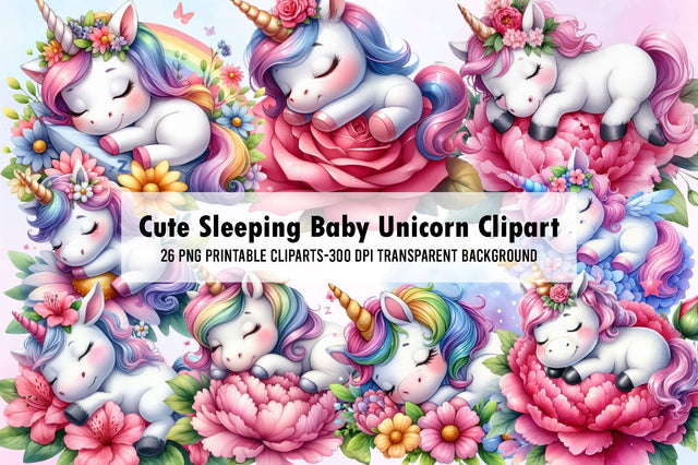 Cute Sleeping Baby Unicorn Clipart PNG Sublimation Rupkotha 