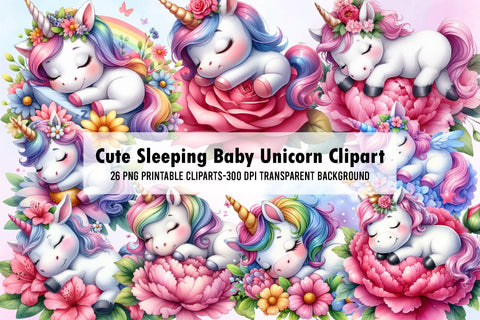 Cute Sleeping Baby Unicorn Clipart PNG Sublimation Rupkotha 