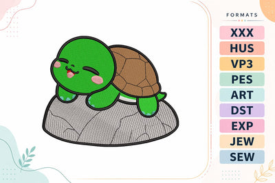 Cute Sleeping Turtle Embroidery Design - Kawaii Turtle on Rock Embroidery/Applique DESIGNS sg embroidery 