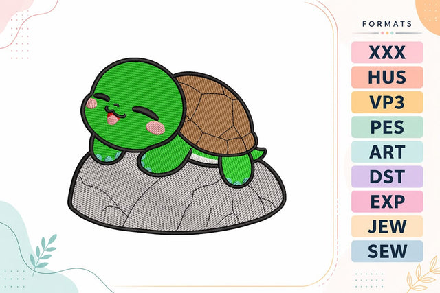 Cute Sleeping Turtle Embroidery Design - Kawaii Turtle on Rock Embroidery/Applique DESIGNS sg embroidery 